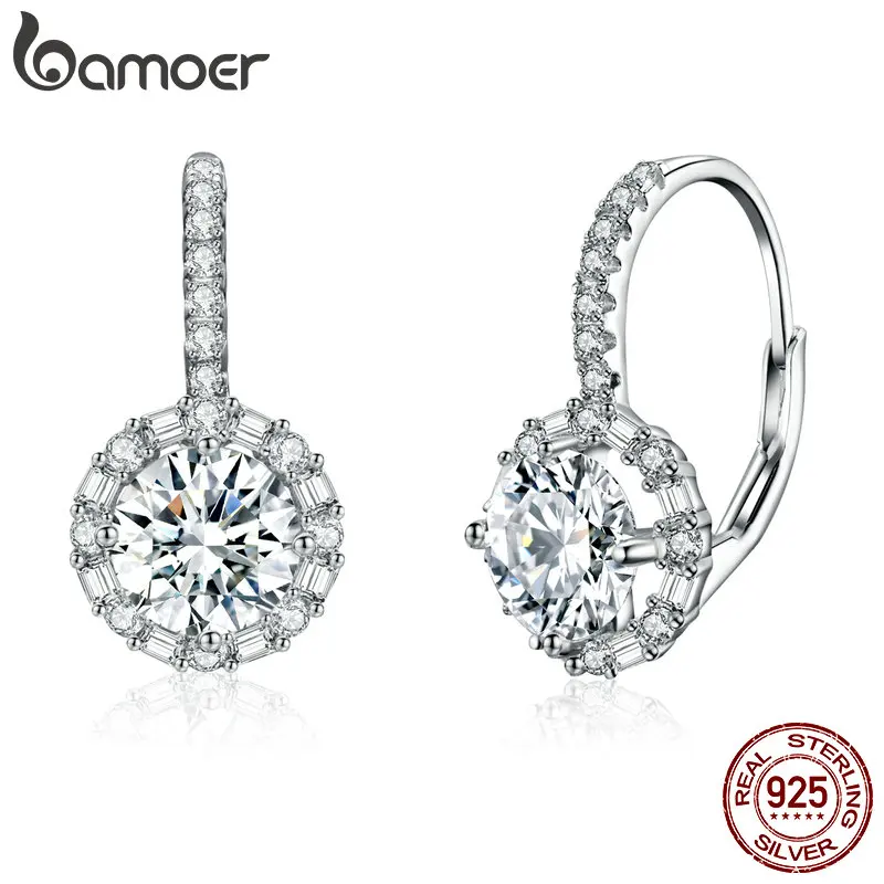 

Bamoer 1CT D Color VVS1 EX Moissanite Hoop Earring S925 Sterling Silver Cut Round Diamond Piercing Ear Buckle for Women Girl