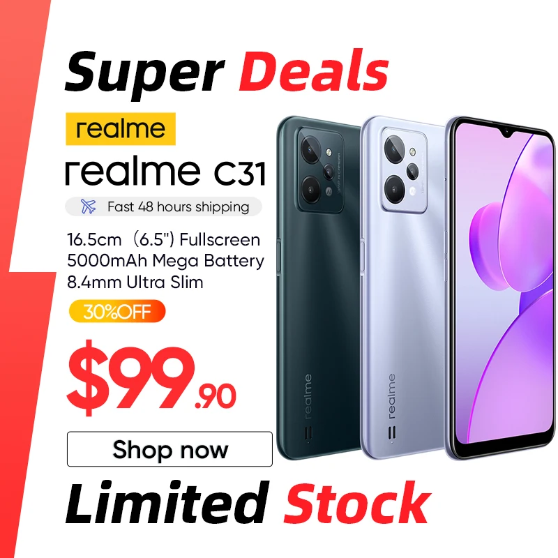 

realme C31 New Smartphone 6.5'' Display Powerful Octa-core Processor 5000mAh Battery 13MP AI Triple Camera 3-Card Slot NFC 8.4MM