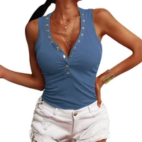 women ribbed vest solid color deep v neck bodycon tank tops with snap buttons s m l xl xxl xxxl