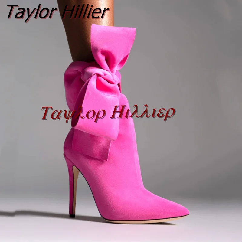 

Spring New Rose Red Nude Boots Pointed Toe Bow Velvet Stiletto Boots Sexy Fashion Catwalk Party Team Women'S Boots Large Size