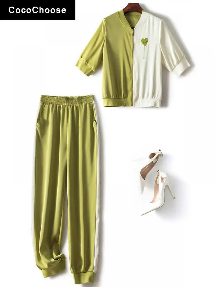 

Sporty Rich Style Women Two Piece Set Summer 2022 Fashion Color Block Zipper Front Baseball Jacket Top And Pants Suits Green