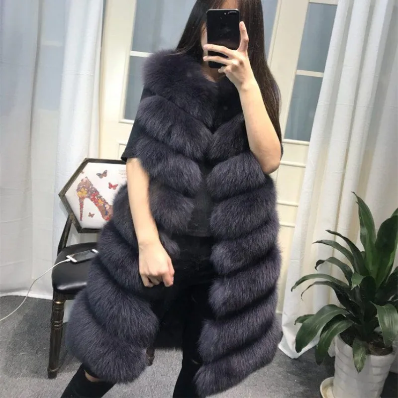 Womens Winter Fashion 2022 Natural Fox Fur Vest Real Fur Gilet 90CM Womens Real Fox Fur Vest Long Coat