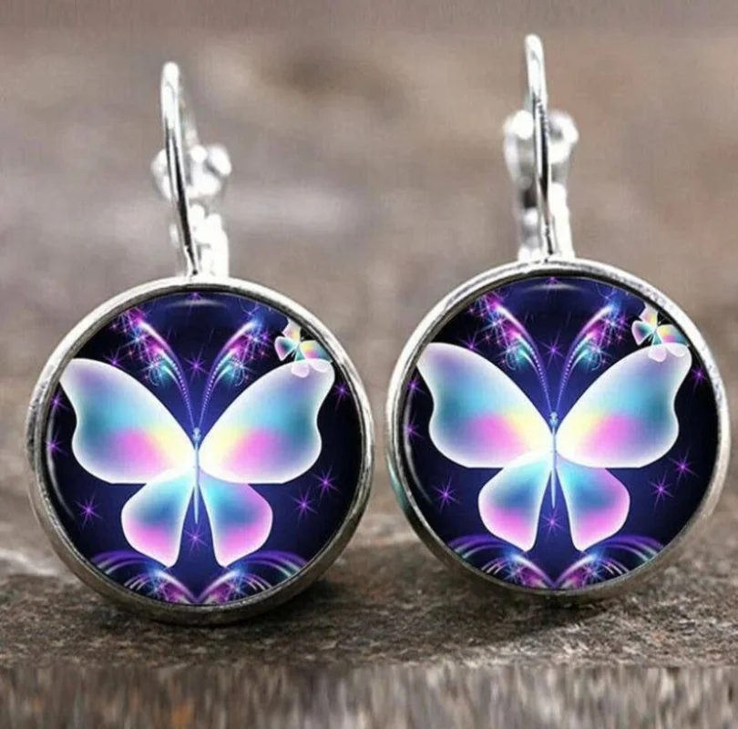 

Vintage Round Paste Butterfly Earrings Trendy Silver Color Metal Shiny Gorgeous Dangle Earrings Jewelry