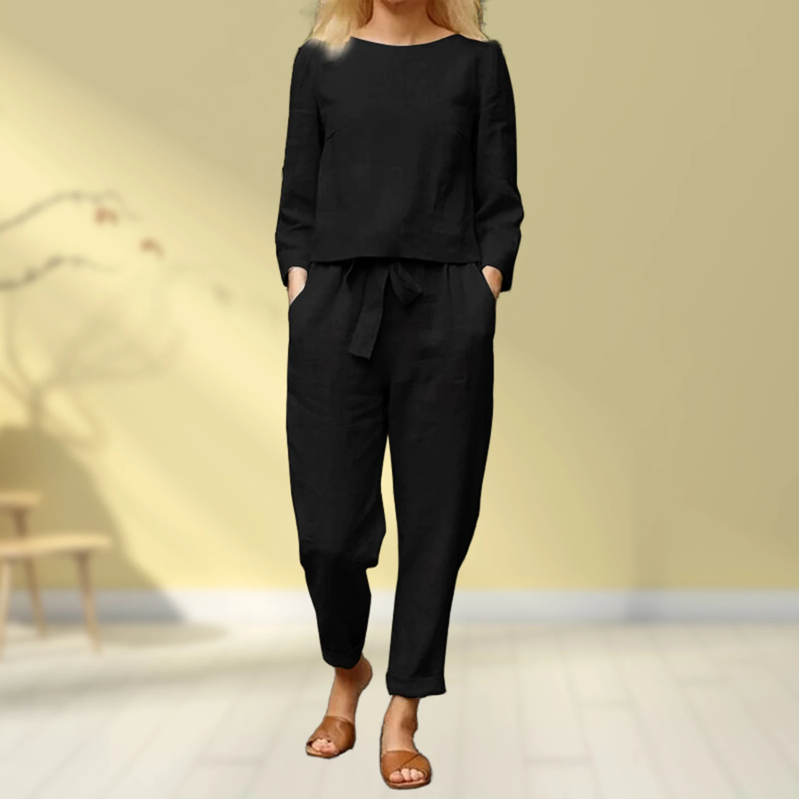 

Women 2 Pieces Pants Sets Linen Blouse Long Pants with Pocket Long Sleeve Harajuku Vintage Solid Color Elastic Waist Outdoor