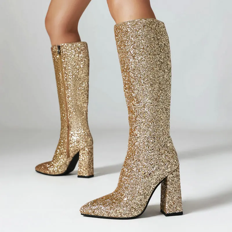 

Блестящие блестящие тканевые Украшенные блестками женские модные блестящие женские свадебные туфли на блочном высоком каблуке блестящие сапоги до колена на молнии большого размера 47 48
