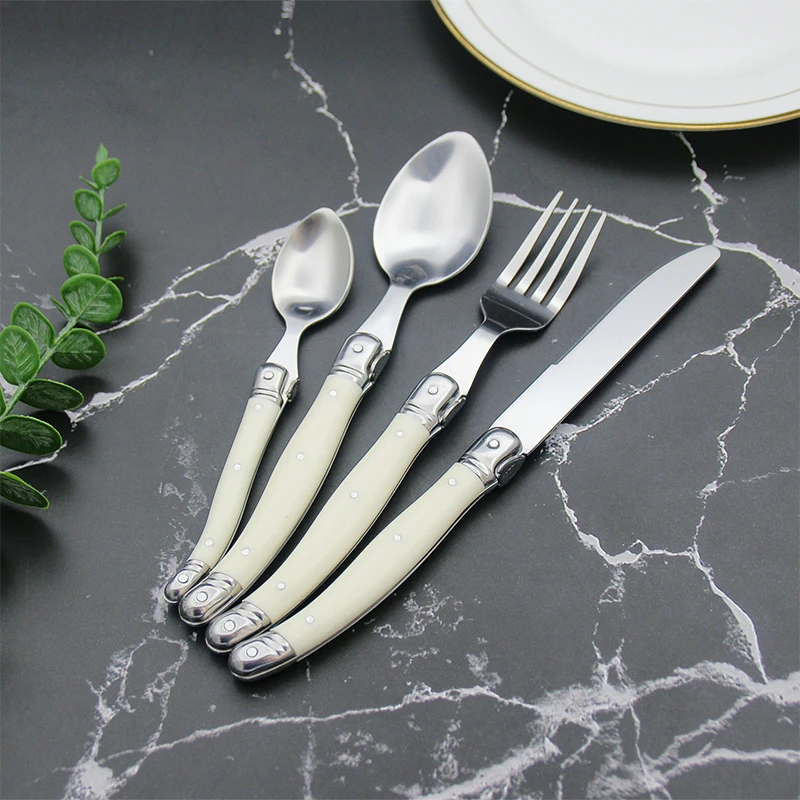 Laguiole Silverware Ivory White Steak Knives Forks Spoon Teaspoon Mirror Polish Stainless Steel Cutlery Set Plastic Handle 4pcs
