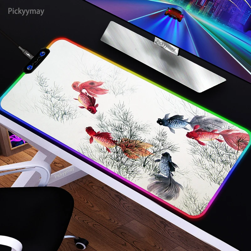RGB игровой коврик для мыши чернильный арт рыбка клавиатура аксессуары игр со