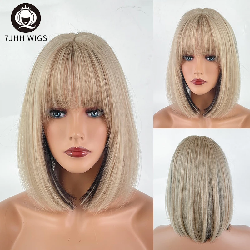 

7JHH Blonde + Black Wigs Women Synthetic Wig Short Straight Bob Fake Hair for Female Cosplay Wig with Bangs Heat Resistant Wigs