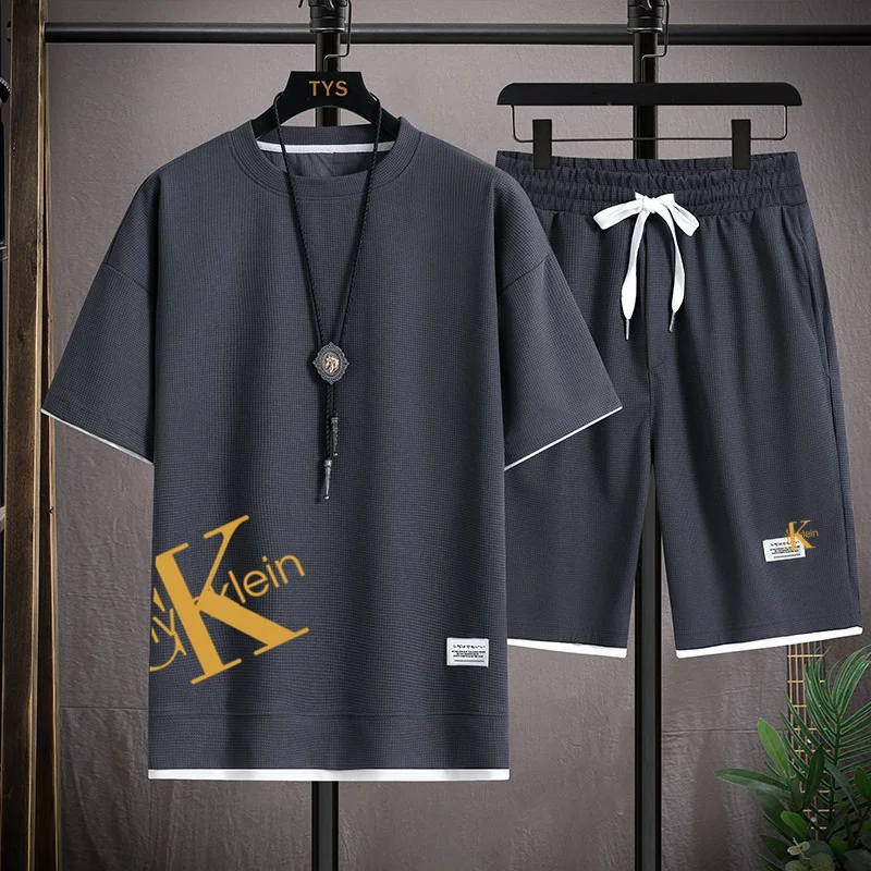 Men's Sportswear, Casual Short Sleeve Sports Suit Set of 2, Waffle Fabric T-Shirt Shorts, Korean Jogging Suit Summer Fashion