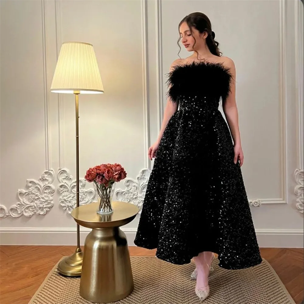 

Женское вечернее платье MINGLAN, элегантное ТРАПЕЦИЕВИДНОЕ длинное платье без бретелек с перьями, блестками и открытой спиной, платье для выпускного вечера, 2023