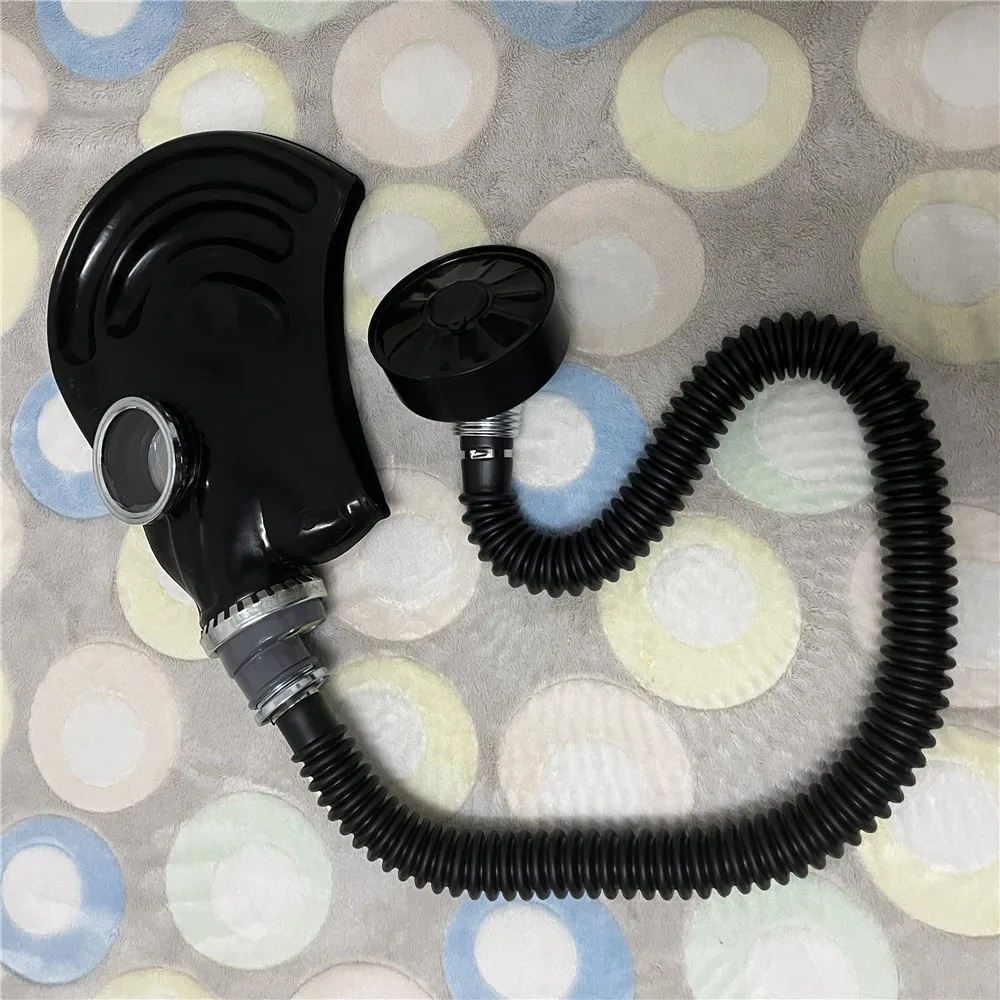 Все включено набор для дыхания в газовой маске и мешке для латексной одежды с креплением на голову для ролевых игр в стиле фетиш, цвет черный.