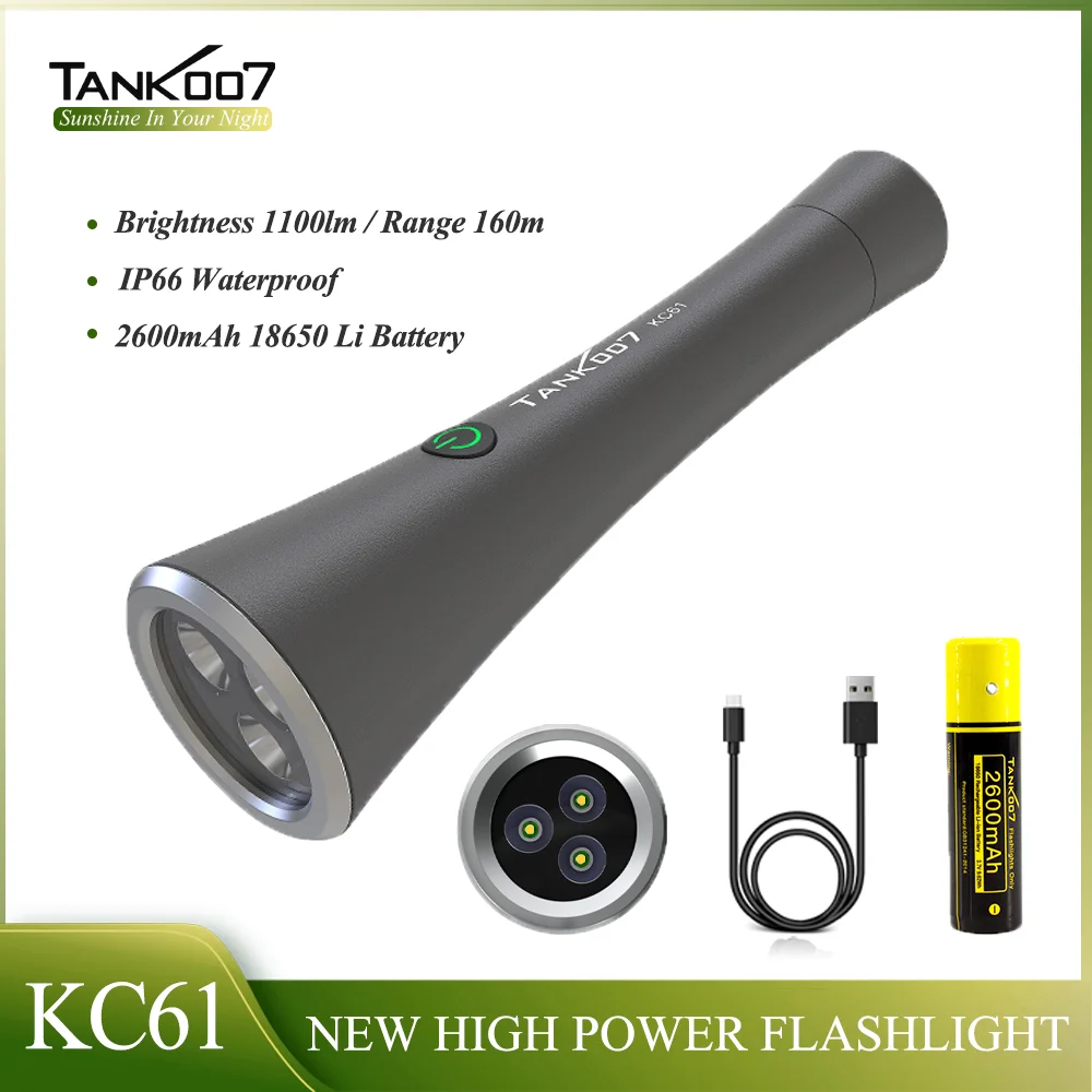 

TANK007 KC61 10W 1100LM High Power LED Flashlight 160M Outdoor Torch Runtime 22H IP66 Waterproof 2600mAh Battery Flashlights