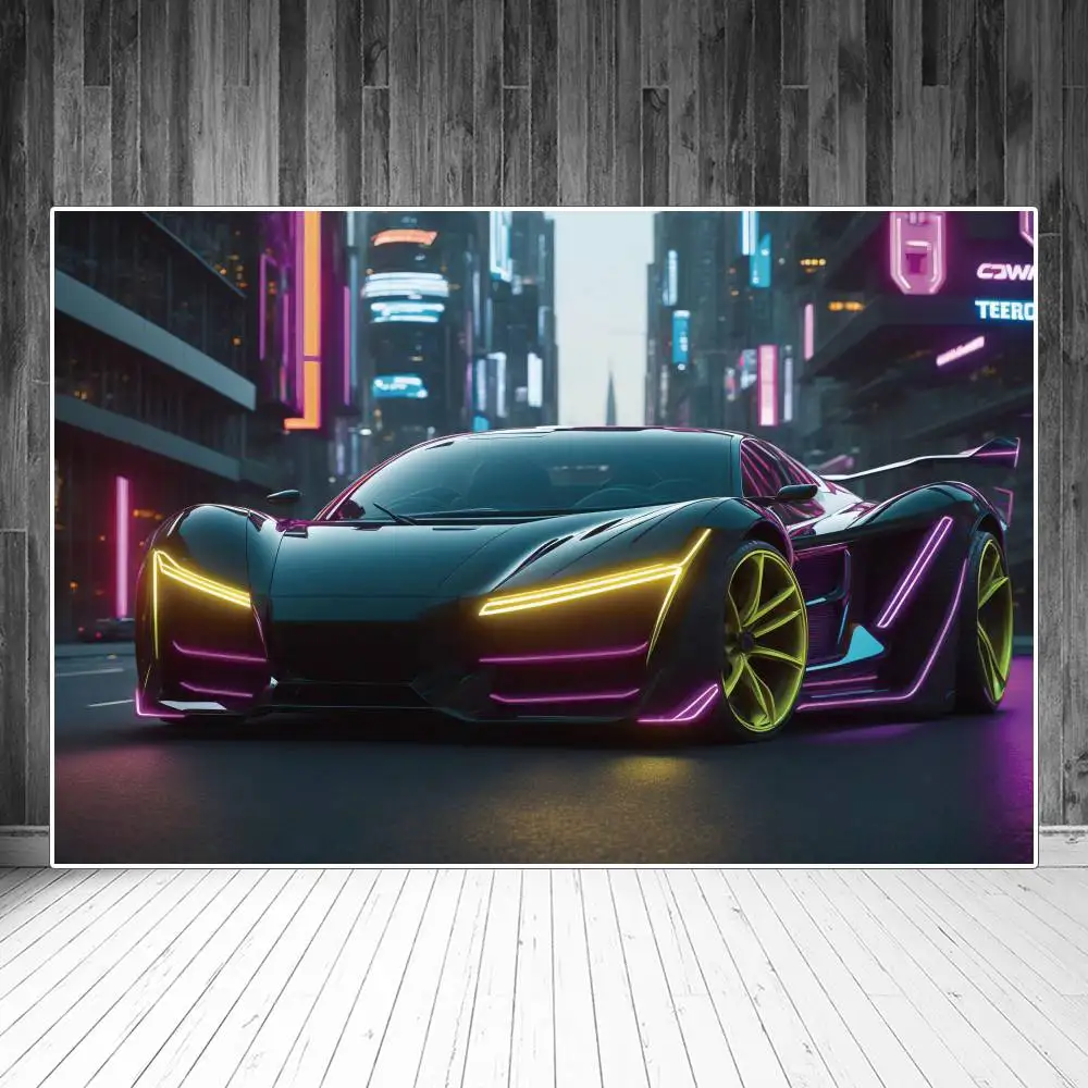 

Neon Racing Car Photography Backdrops Decoration Cyberpunk City Street Scenic Custom Children Photocall Photographic Backgrounds