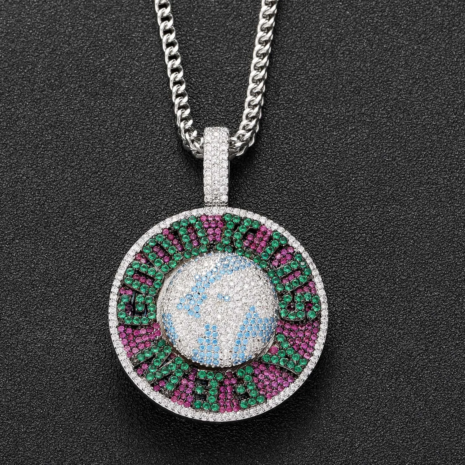 

Iced Out AFGK Rotatable Earth Round Necklace 3A+ CZ Stone Paved Bling letters Pendants Necklace for Men Rapper Hip Hop Jewelry