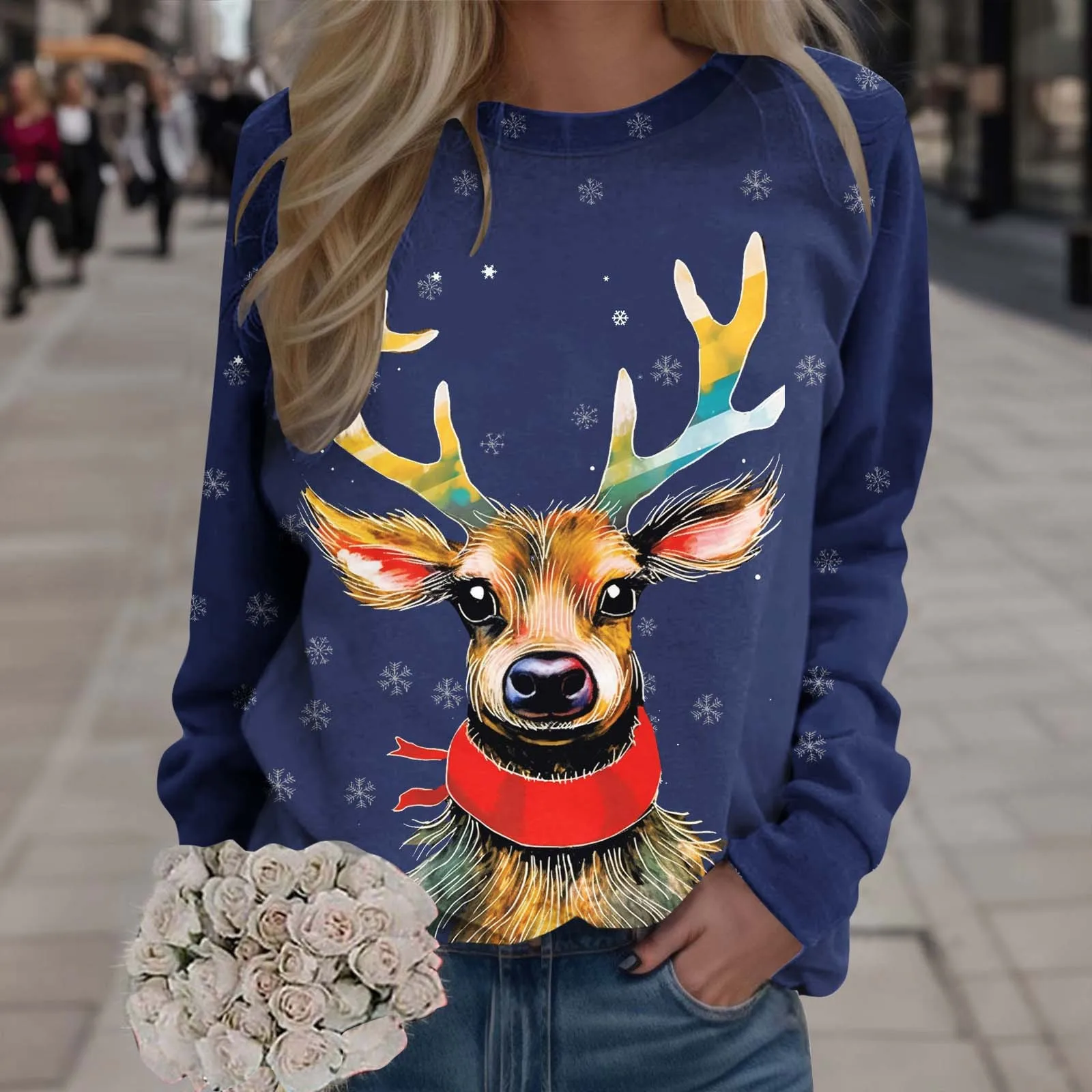 

Осенне-зимний Рождественский свитшот с длинным рукавом, винтажные элегантные топы, Женская свободная одежда, Модные свитшоты с принтом лося, снеговика