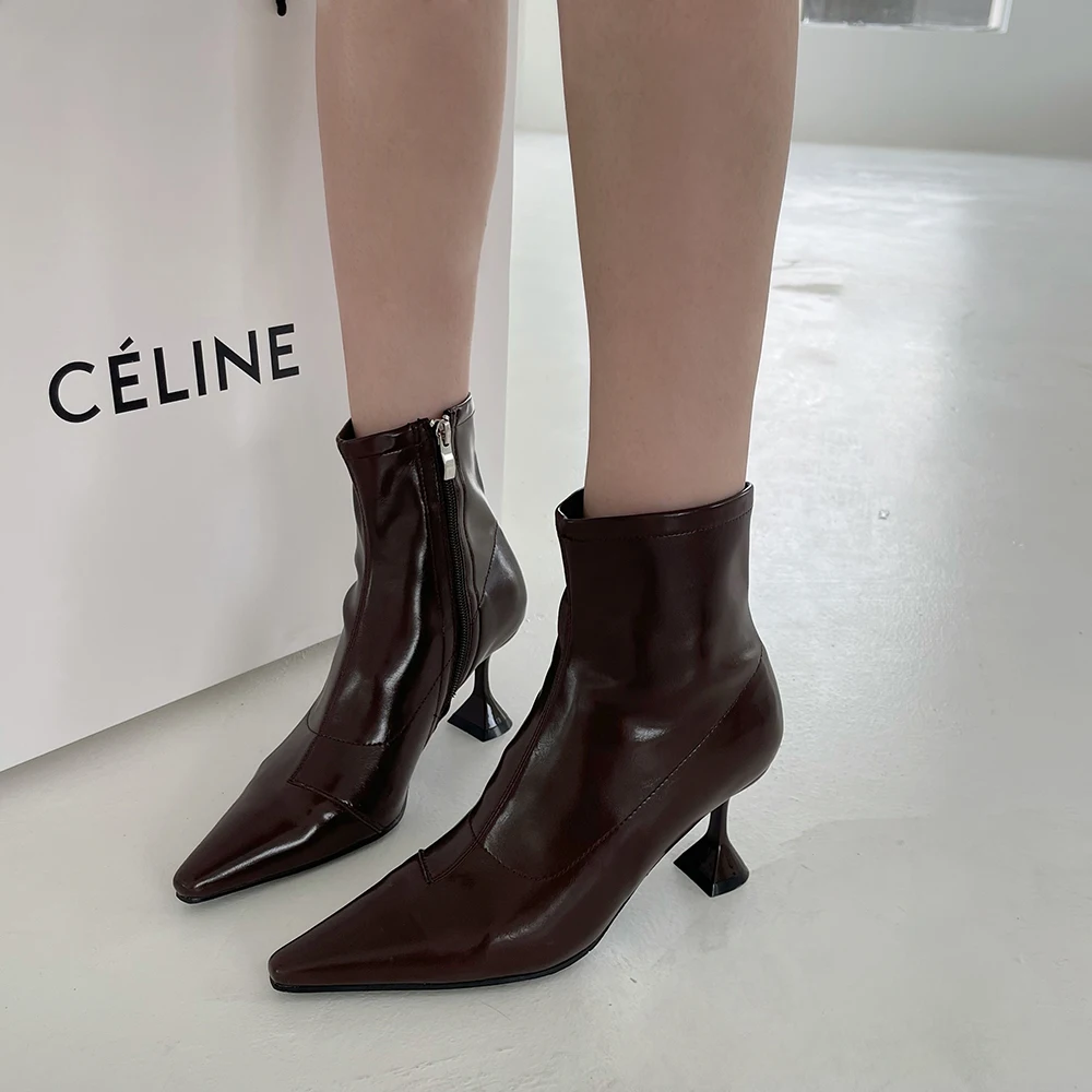 

Black Brown Khaki Women Pointed Toe Ankle Boots 2022 New Arrivals Thin High Heels Side Zipper Fashion Chelsea Botas Dress Shoes