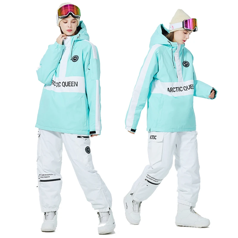 Color Matching Women's Pullover Ice Snow Suit Wear Waterproof Winter Costume Snowboarding Clothing Ski Jackets + Strap Pants