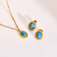 women retro blue necklaces natural stone round pendant with adjustable gold tone stainless steel satellite chain