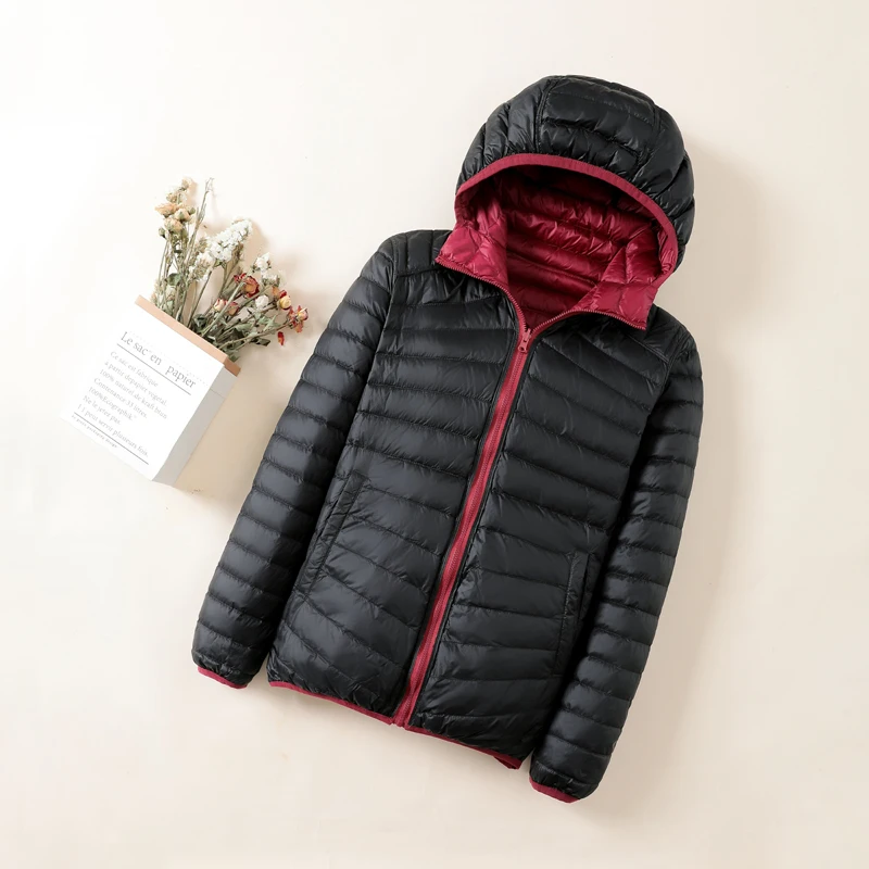 Women's Double-sided Down Jacket Winter Insulation Hooded White Duck Down Long Sleeved Jacket Light and Thin Solid Color Top enlarge