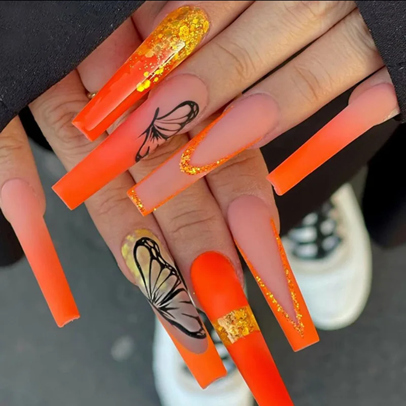 

French Ballerina Orange Gradient Butterfly Black Sexy Full Cover Acrylic Press On Fake Nails Sets Glue Long Artificial Nails