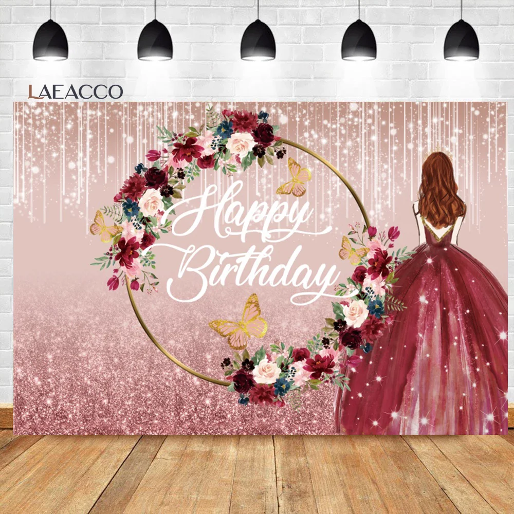 

Laeacco Rose Gold Glitter Happy Birthday Photo Background For Girls Pink Flower Butterfly Princess Portrait Photography Backdrop