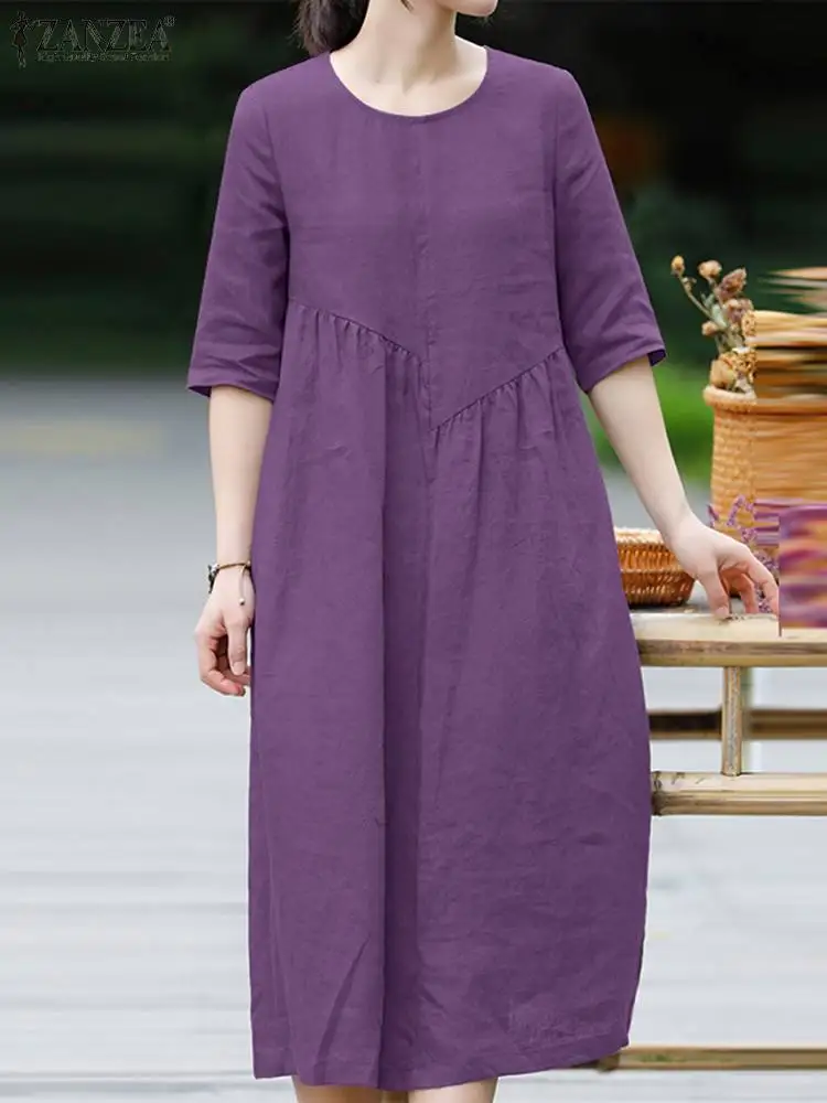 

Женское винтажное однотонное платье ZANZEA 2023, летнее хлопковое платье с рукавом до локтя, мешковатый рабочий сарафан, женское платье, повседневные праздничные платья