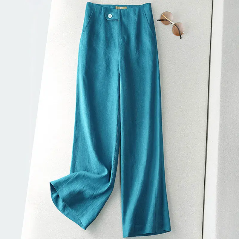Spring Cotton Hemp Linen Pants Women High Waist Blue Wide Leg Pants Woman Casual Loose Straight Full Trousers Female K35