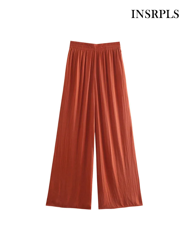 

INSRPLS Women Fashion Front Pockets Flowing Wide Leg Pants Vintage High Waist With Elastic Waistband Female Trousers Mujer