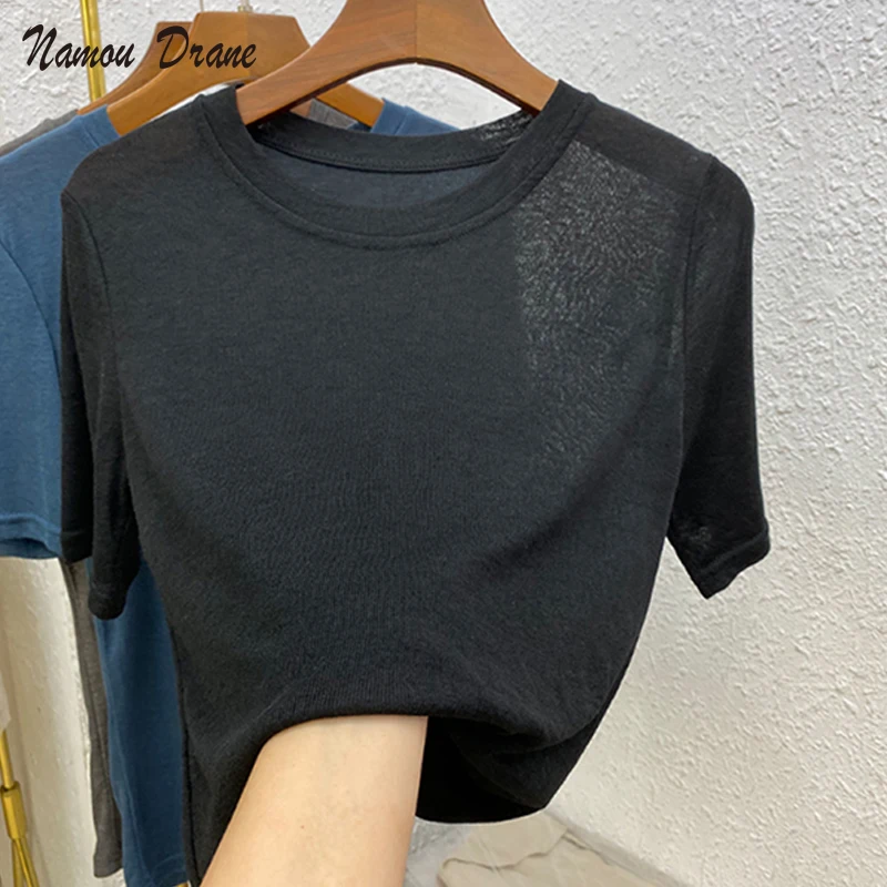 

Namou Drane 2021 Summer New Round Neck Micro-transparent Thin Short-sleeved T-shirt Solid Color Loose Ice Silk Top Tide Women