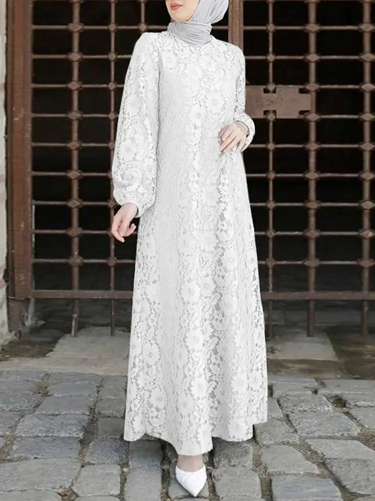 

ZANZEA Women O Neck Long Sleeve Sundess Fashion Muslim Kaftan Lace Floral Maxi Dress Abaya Morocco Long Maxi Dress Casual Robe