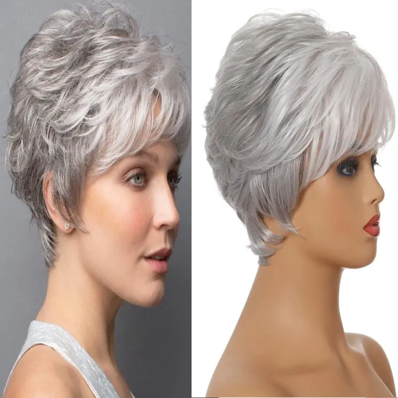 

Mommy Full Wig Pixie Cut Hairstyle Short Curly Wigs with Bangs Silver Grey Curly Wigs Ombre Hair Short Synthetic Wigs for Women