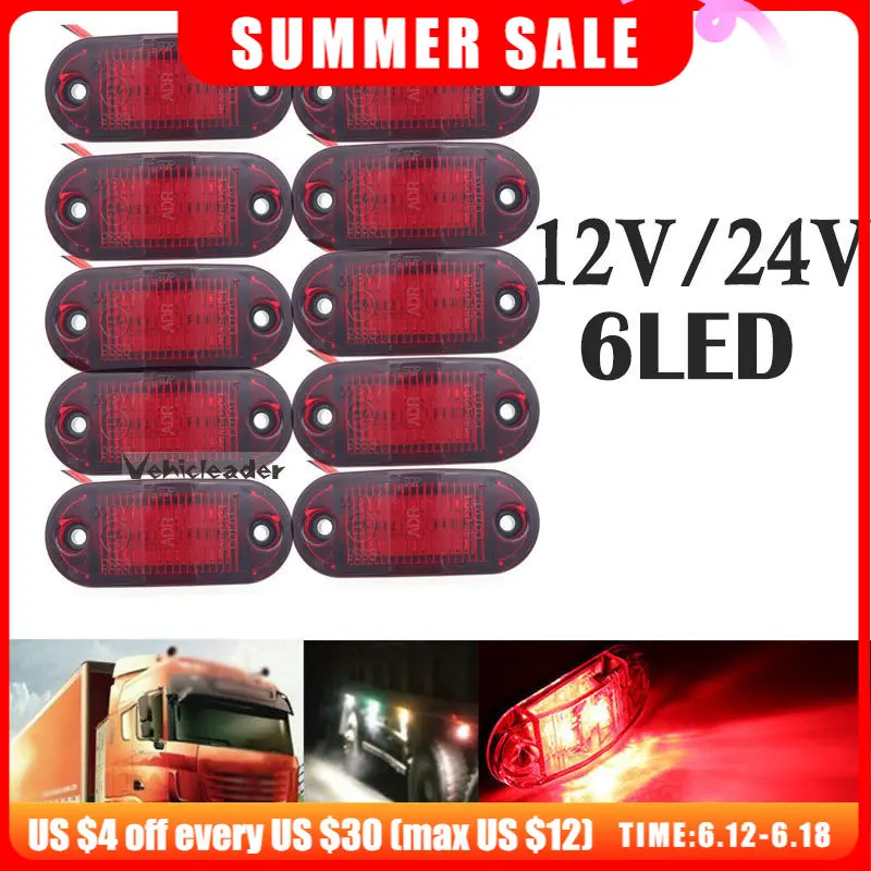 

10PCS Warning Lights 6LED Car External Lights Trailer Truck Yellow Orange White Red Side Marker Lamp 12V 24V Auto Lorry Lamps