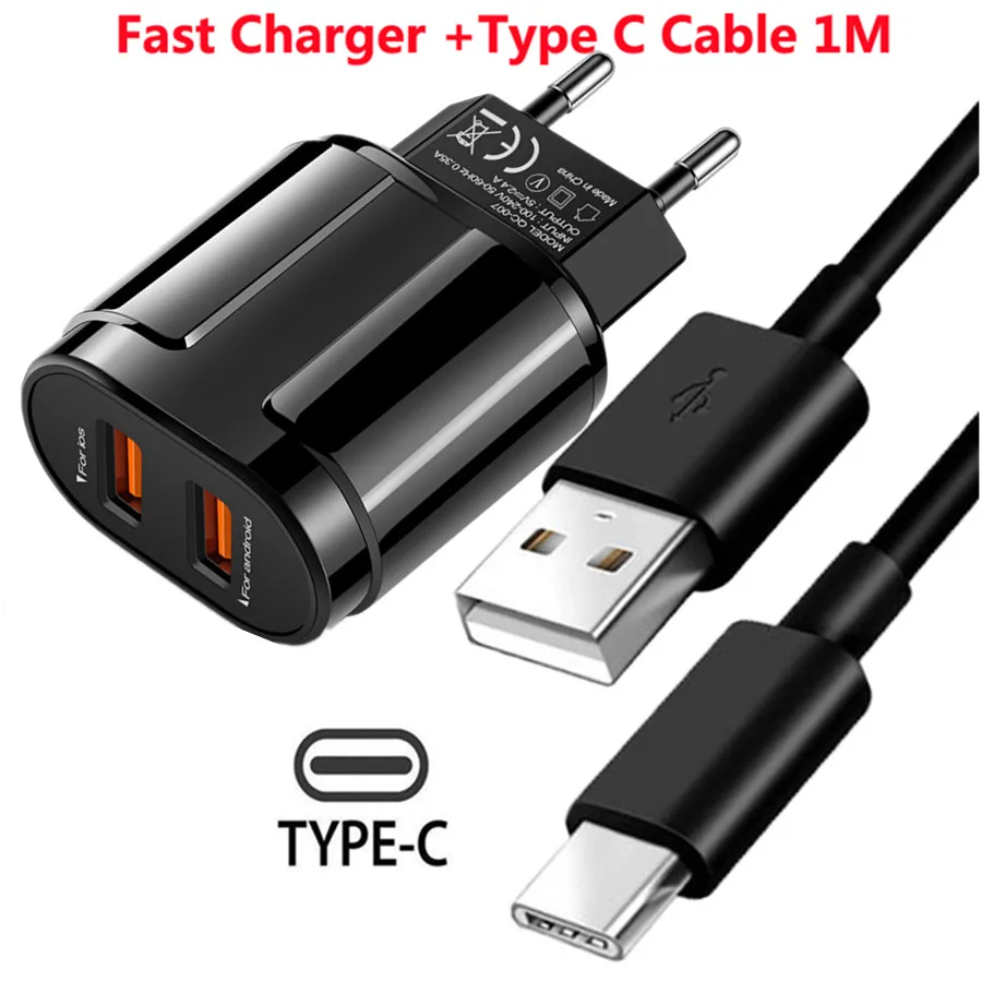 

EU Plug 5V 2.4A Max Dual USB Fast Charging Adapter Wall Universal Mobile Phone Charger For iPhone Samsung Xiaomi LG Type c Cable