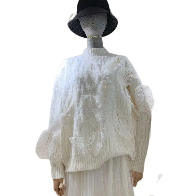 

Женский свитер с воротником-стойкой, элегантный кашемировый пуловер свободного покроя с бусинами и перьями, модель Y559 в Корейском стиле на осень и зиму, 2023