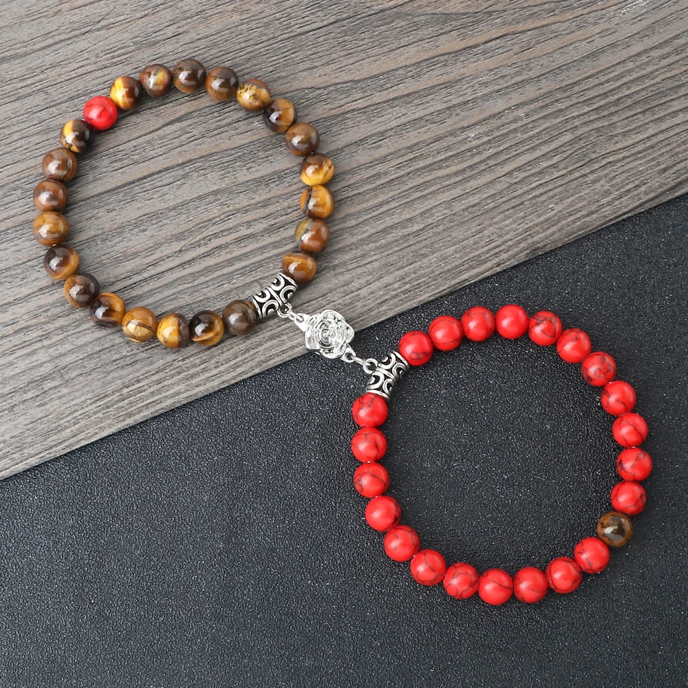 2 шт./компл. набор браслетов для пар с цветочным магнитом 8 мм натуральный тигровый