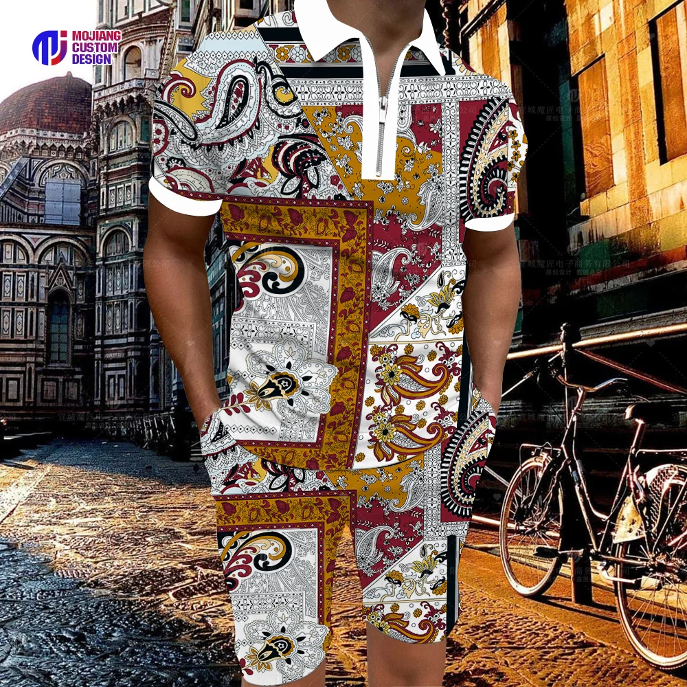 2023 Luxury Men's Polo Shirt Casual Brand Big Gold Chain Set 3d Color Printing Short Sleeve New T-Shirt Men's Lapel Zipper Short