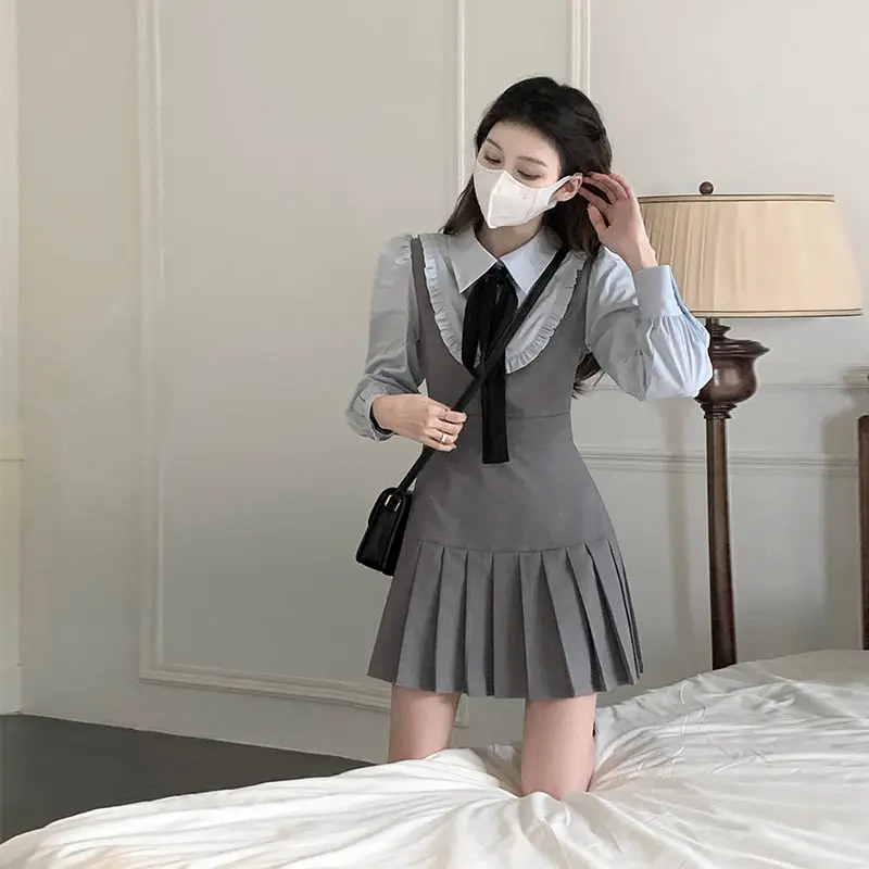 

2023 Vestidos De Mujer Chic Fake Two Dress for Women Preppy Style Fashion Robe Femme Contrast Color Ruffles Mini Pleated Dresses
