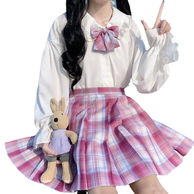 

Little Red Riding Hood trumpet sleeve jk uniform plaid skirt suit lolita long sleeve bottoming shirt college style