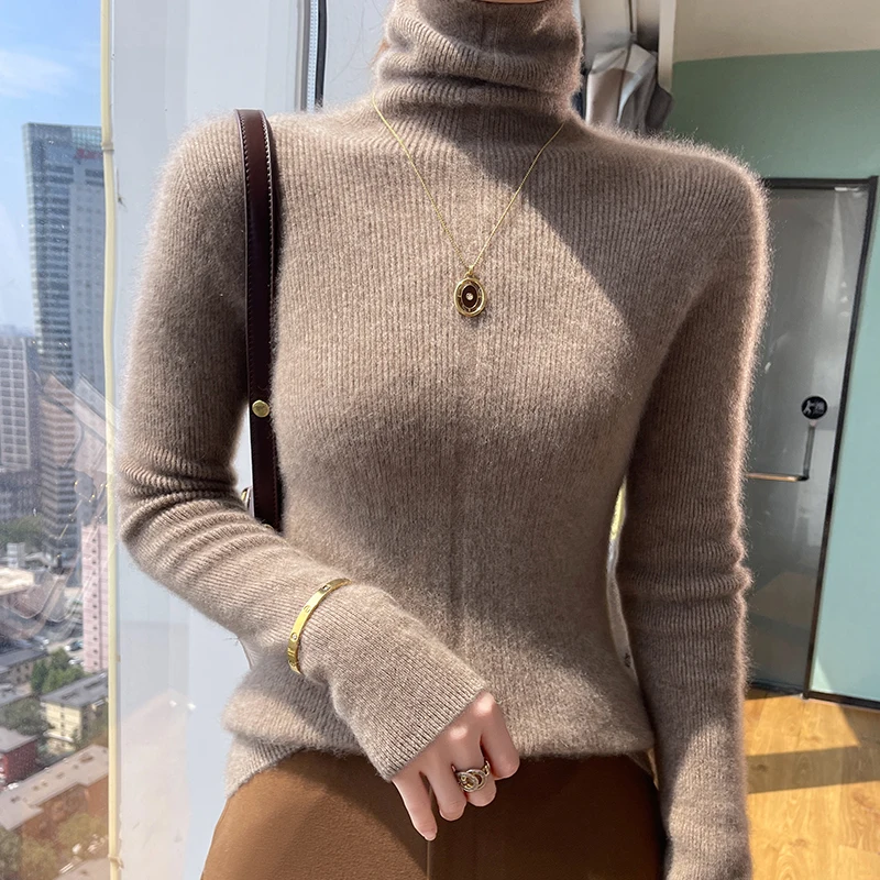 Новинка Осень-Зима Женский облегающий свитер с высоким воротом из 100% чистой