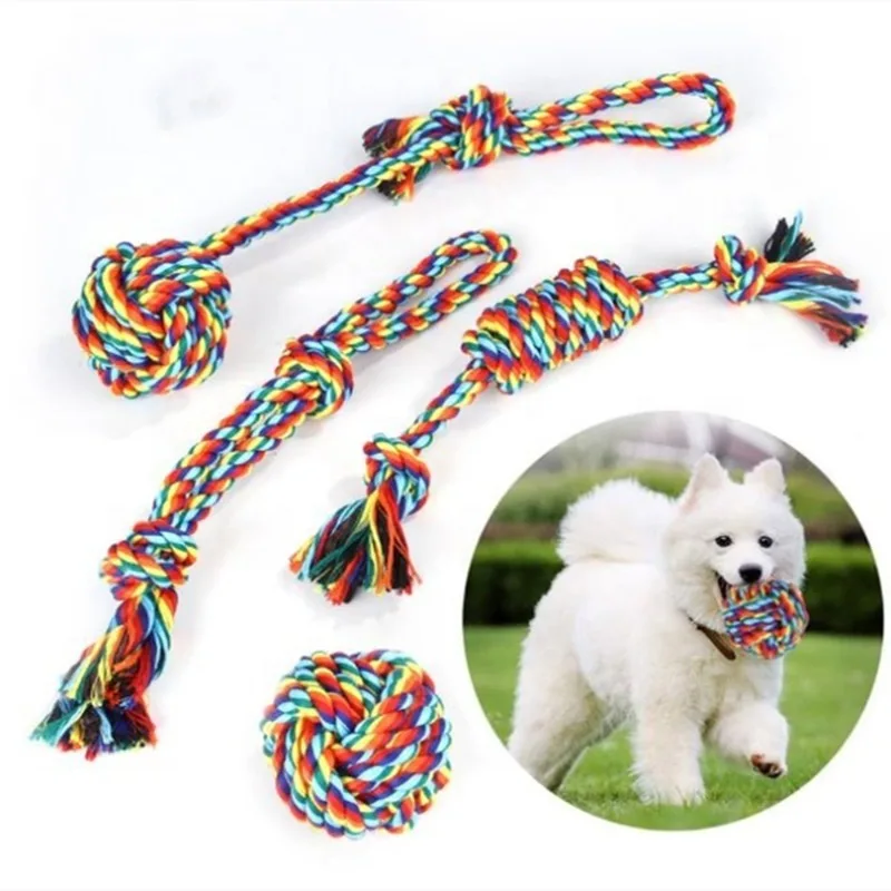 

Pet Dog Chew Teething Toys Rainbow Cotton Rope Knot Ball Bite Resistant Teeth Cleaning Products Puppy Training Interactive Games