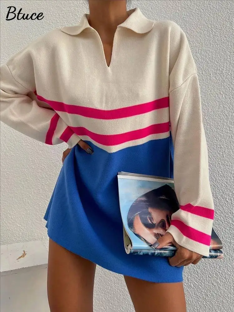 

Women's Vintage Stripe Knitted Pullovers Casual Lapel Contrasting Dresses 2022 Autumn Winter Ladies Streetwear Warm Sweaters