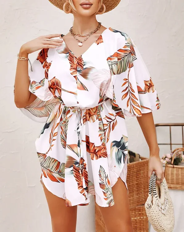 

Casual dresses women 2022 fashion new summer spring women tropical print asymmetrical tie front mini dress womens boho