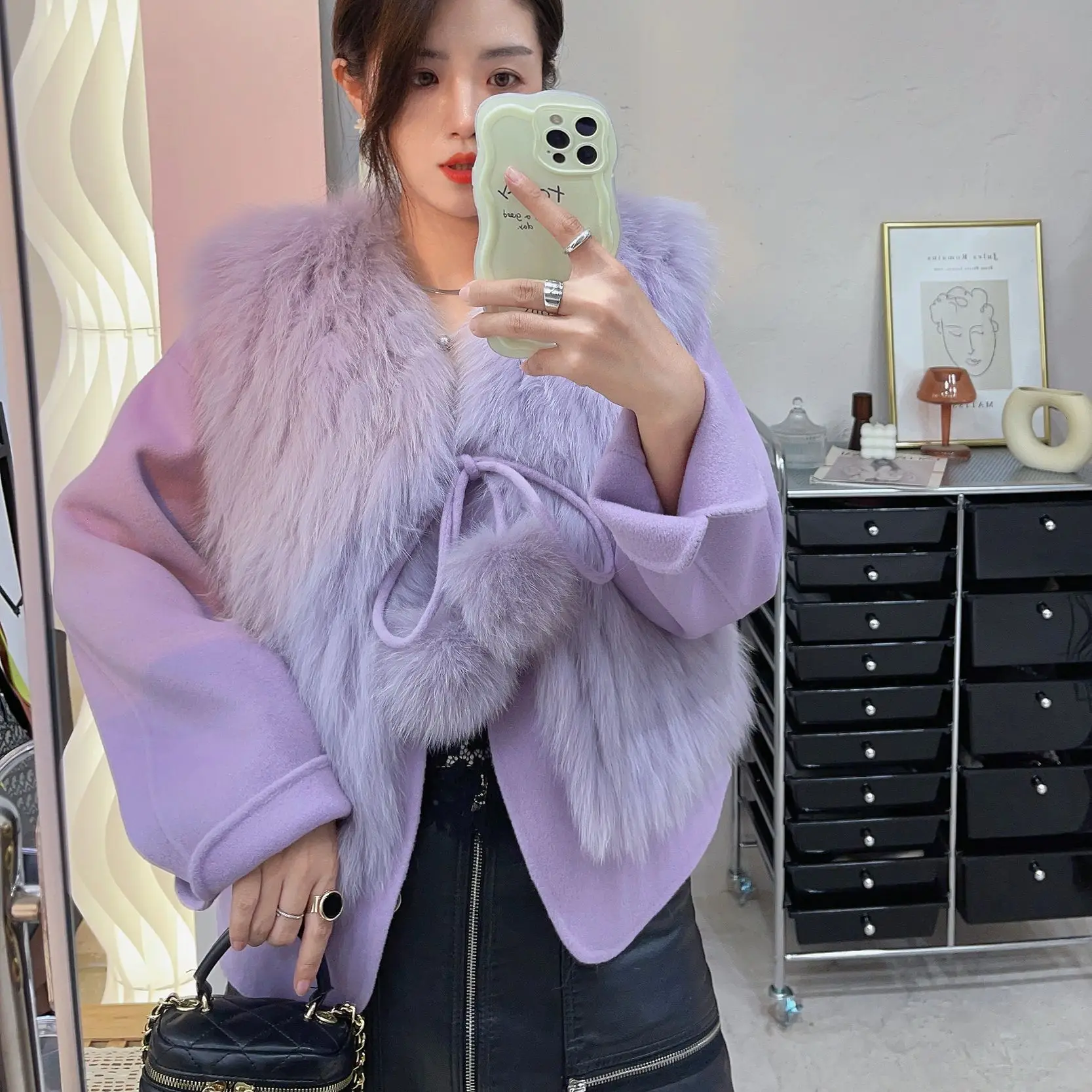 

2024 Newest women genuine fox fur gilet and cashmere blend jacket winter warm two pieces set female woolen coat