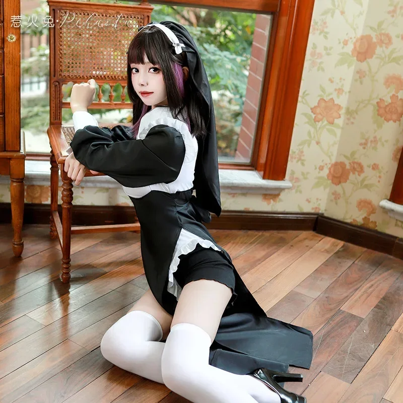 Вибrastar сестра косплей сексуальное монахиня платье с высоким разрезом боди