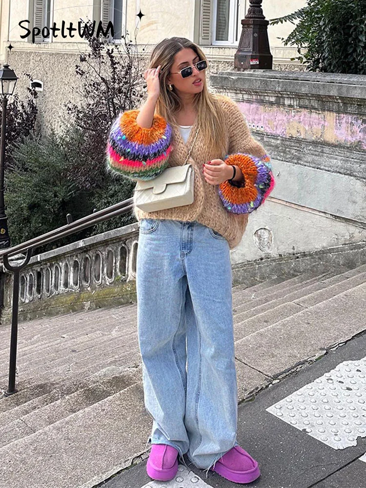 

Fashion Rainbow Color Knit Cardigan for Women Loose V Neck Long Sleeve Colorful Sweater Coat Autumn Casual Female Warm Knitwear