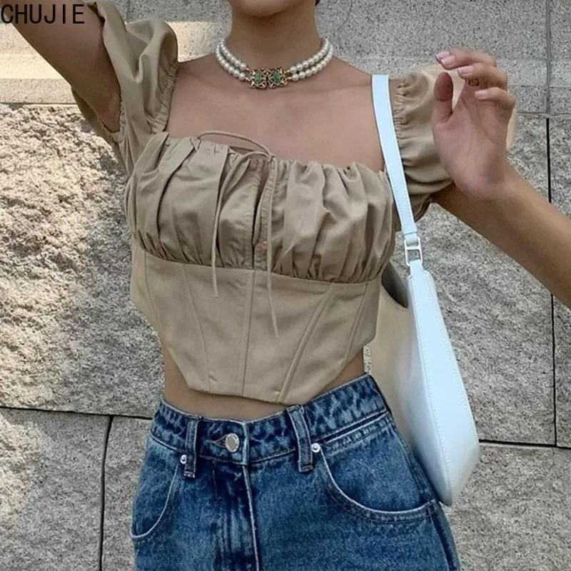 

2022 Summer Women's Sweet Square Neck Tie Pleated Waist Short-Sleeved Vest T-shirt