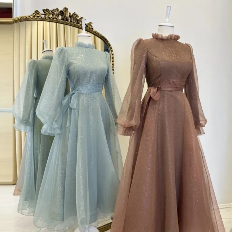 

AsaNagi Shinning Fabric Evening Dress Puff Sleeve Tea Length Party Dress Turkey Arabia Dubai A Line Formal Gowns 2023