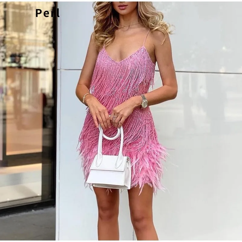 

Perl Sexy Women's Fringed Sequin Feather Stitching Dress Slim V-Neck Off Shoulder Taseel Summer Dress Bodycon Outfit 2022
