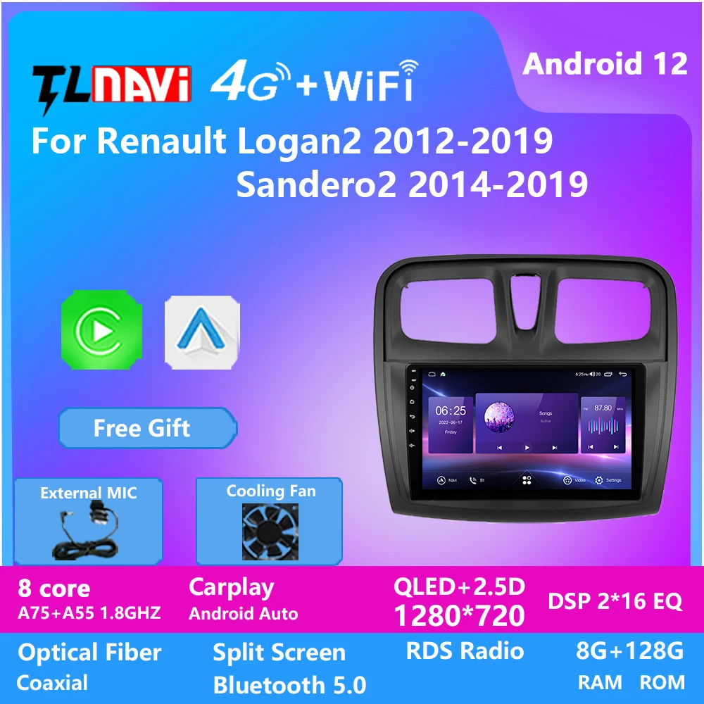 

Автомагнитола TL6/TL7, мультимедийный проигрыватель с восьмиядерным процессором, Android 12, для Renault Logan 2 1280-720, Sandero 2, GPS