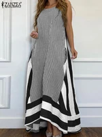 bohemian patchwork tank dresses women elegant sleeveless robe 2022 zanzea holiday striped print vestidos summer beach maxi dress